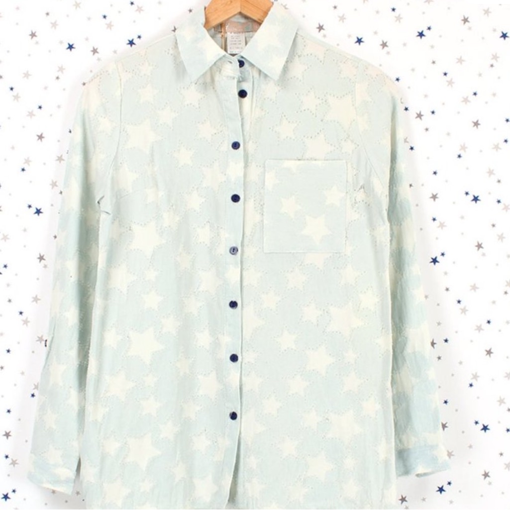 Star Pattern Distressed Button Up Denim Shirt